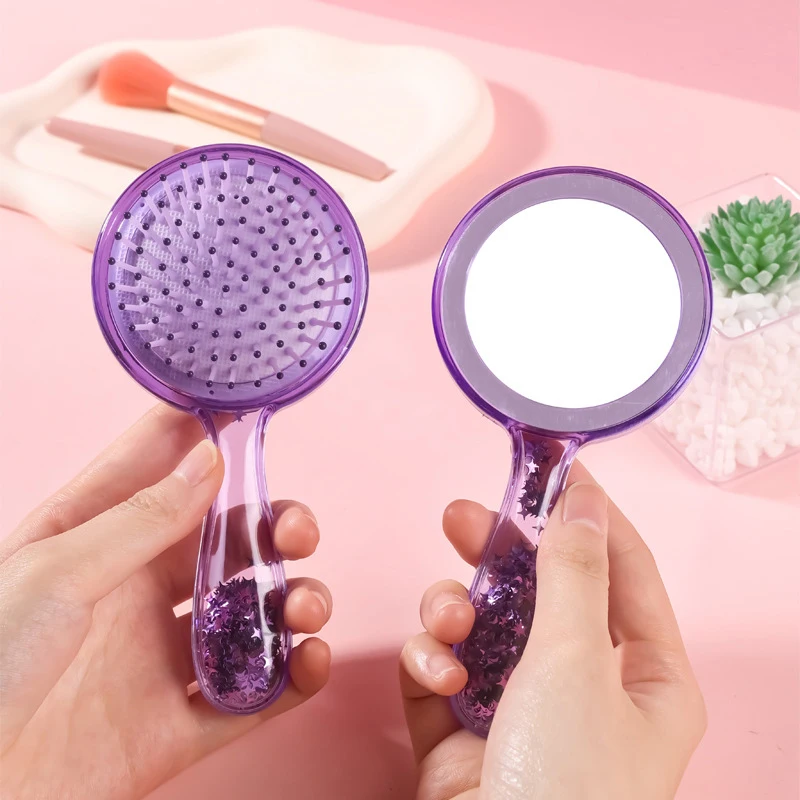 Purple Shiny Handheld Makeup Mirror Mini Airbag Comb Massage Comb Travel Portable Easy To Carry High-definition Makeup Tools