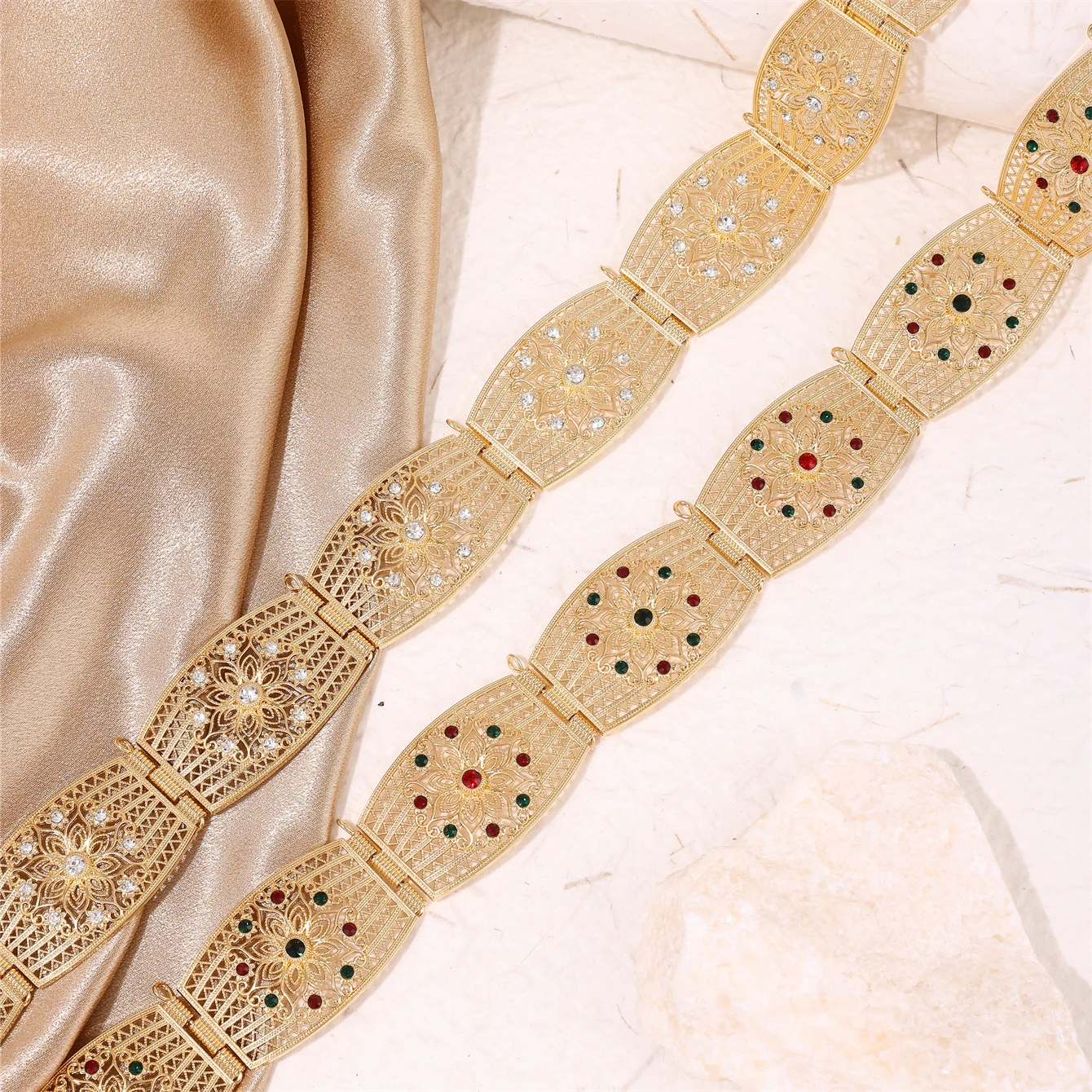 

Moroccan Delicate Kaftan Belt Hollow Floral Design Rhinestone Embellished Gold Waist Chain Arabian Luxury Bridal Jewelry