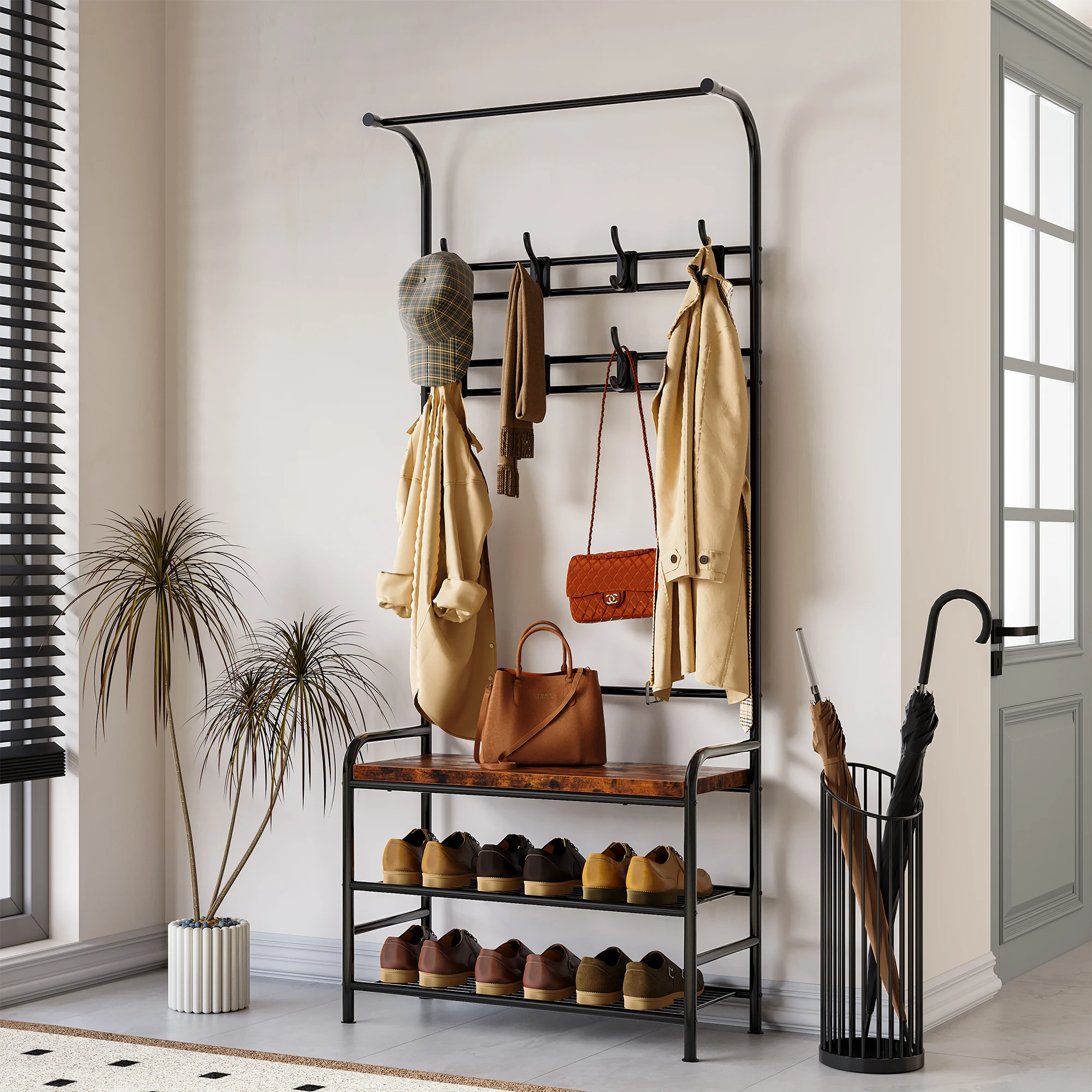 

3-in-1 Hall Tree Shoe Rack for Entryway, Coat Tree with 3-Tier Storage Shelf and 8 Hooks, Multifunctional Hallway Organizer