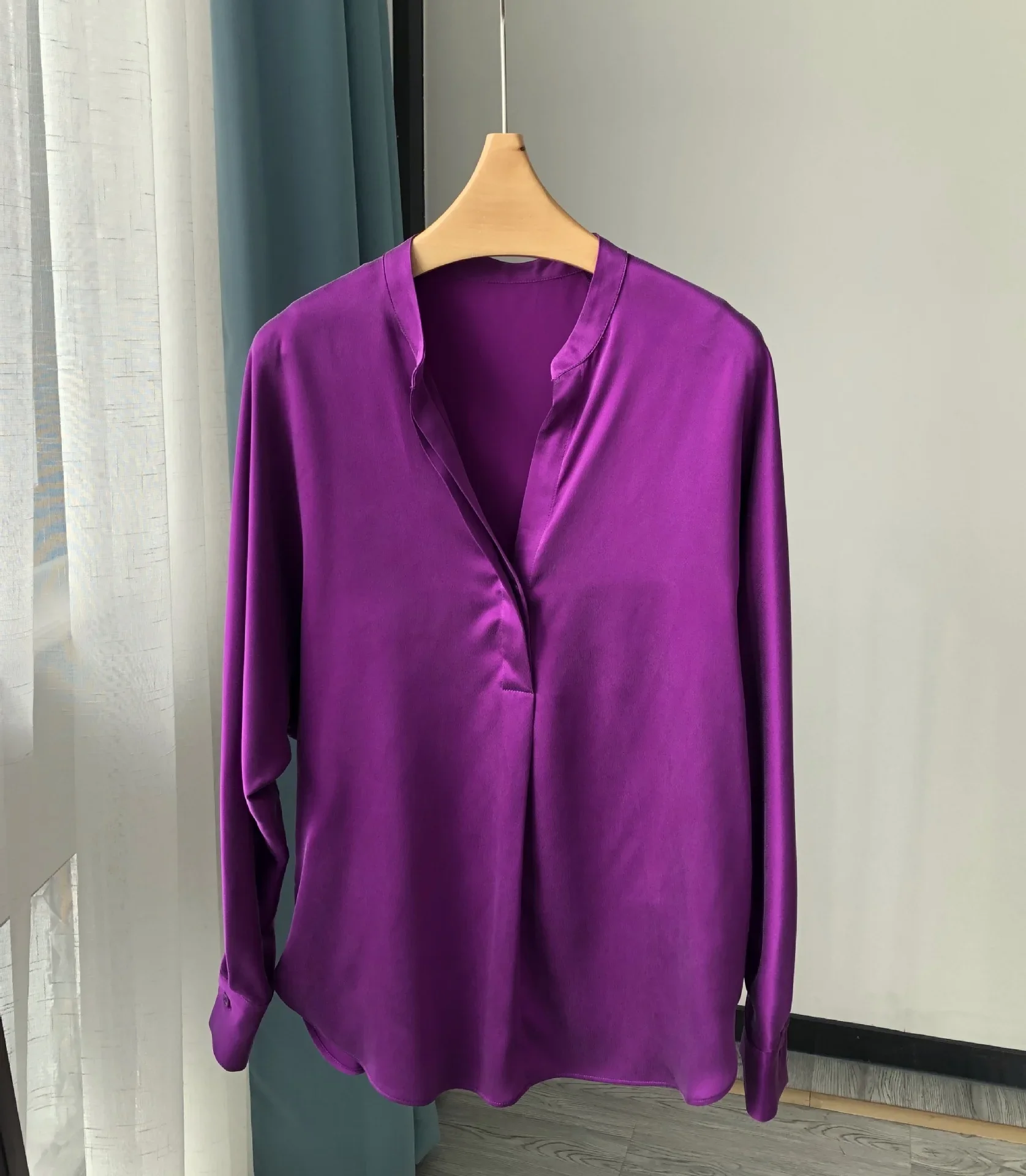 Niche Luxury 100% Silk Women Office Lady Shirts Oversize Drop Dhoulder V-neck Satin Shirt One Piece Cut Long Sleeve Solid Blouse