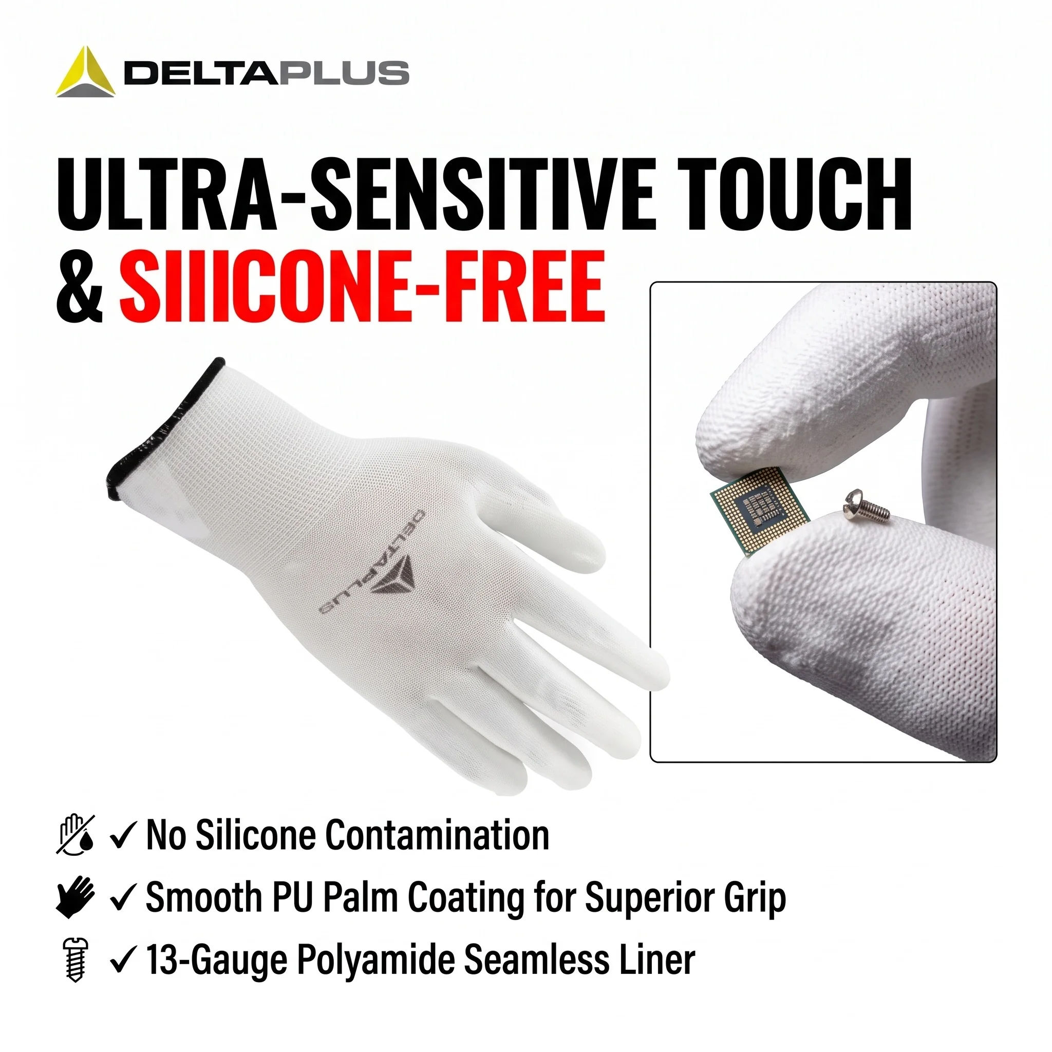 Deltaplus 201702 PU Coated Work Gloves for Work Antistatic Electronic Repair Precision Flexible Utility Security Protection
