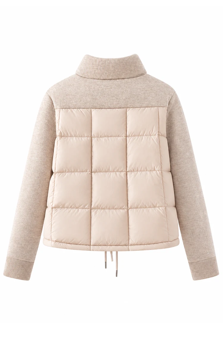 BD3621736 Women's Pure Wool Knit Hybrid Goose Down Jacket Chain Trim Pockets Stand Collar Two-Way Zip Old Money Early Autumn
