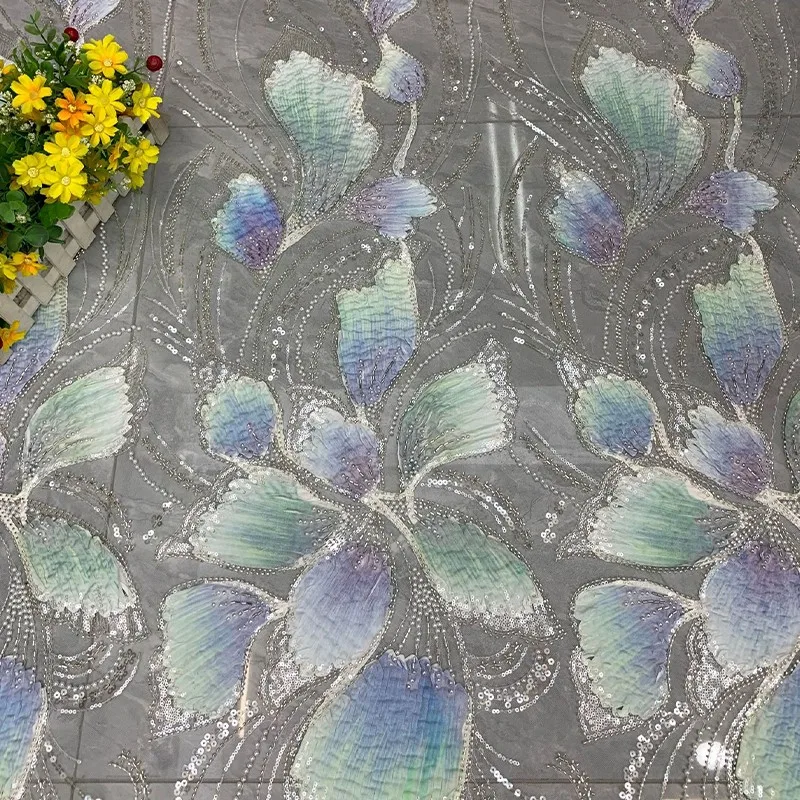 90x125cm Farbig bedruckter Paillettenstoff, Perlenbestickter Tüllstoff, DIY-Nähmaterial, Netzstoff für Bekleidung – Detail 18