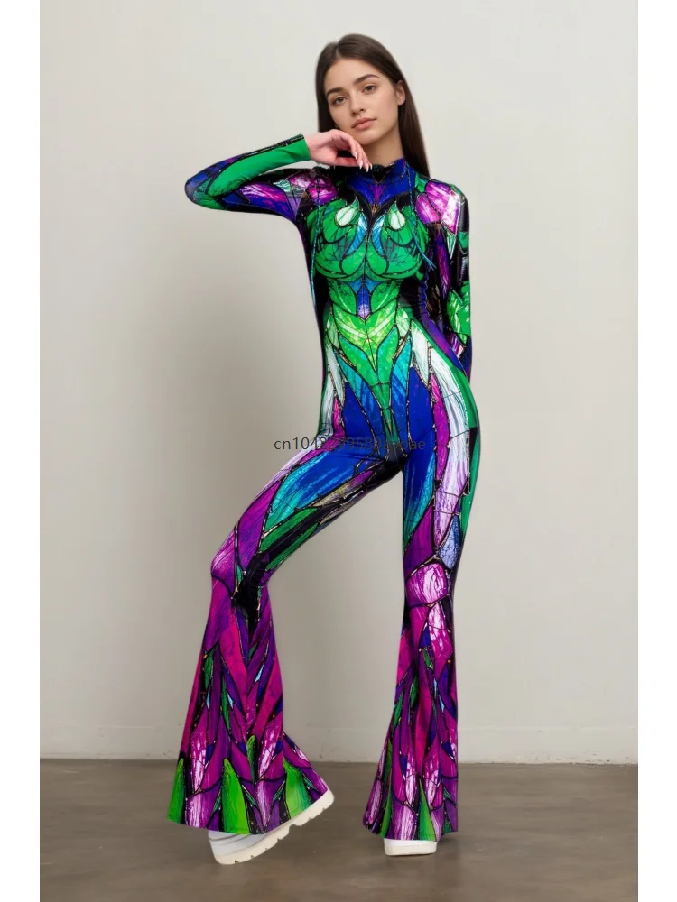 

Women Performance Flared Tights Halloween Holiday Party Cosplay Zentai Bodysuit Fashion Colorful Rainbow Sexy Show Jumpsuit 2026