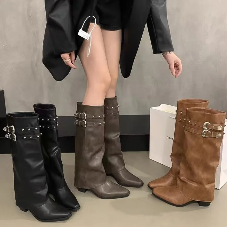 

Новинка 2024, женские плиссированные сапоги до колена в стиле панк, уличные женские сапоги для верховой езды на толстой подошве со шнуровкой, женские сапоги