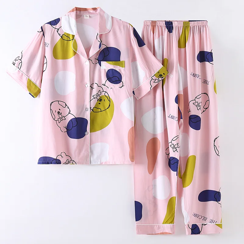 pink floral print satin pajama sets 2 piece pants trouser ruffled lady outfit lounge women pijama sleepwear pajama nightwear