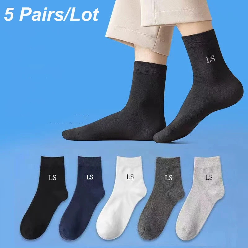 5 Pairs Spring Autumn Men Business Socks High Quality Deodorant Sweat Absorption Breathable Comfortable Black Pure Cotton Socks