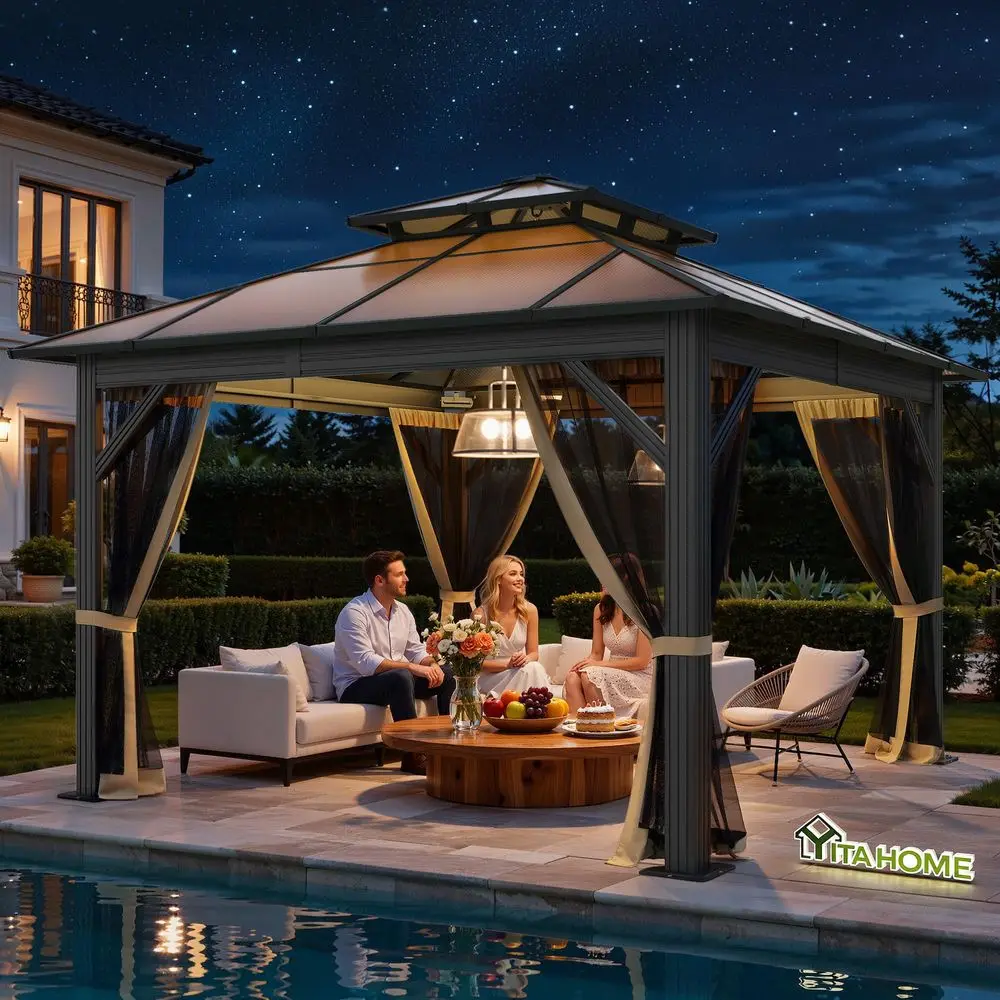 

10x10FT Gazebo HardTop Double Roof Canopy Outdoor with Netting and Shaded Curtains, Metal Frame Polycarbonate Hardtop Garden Te