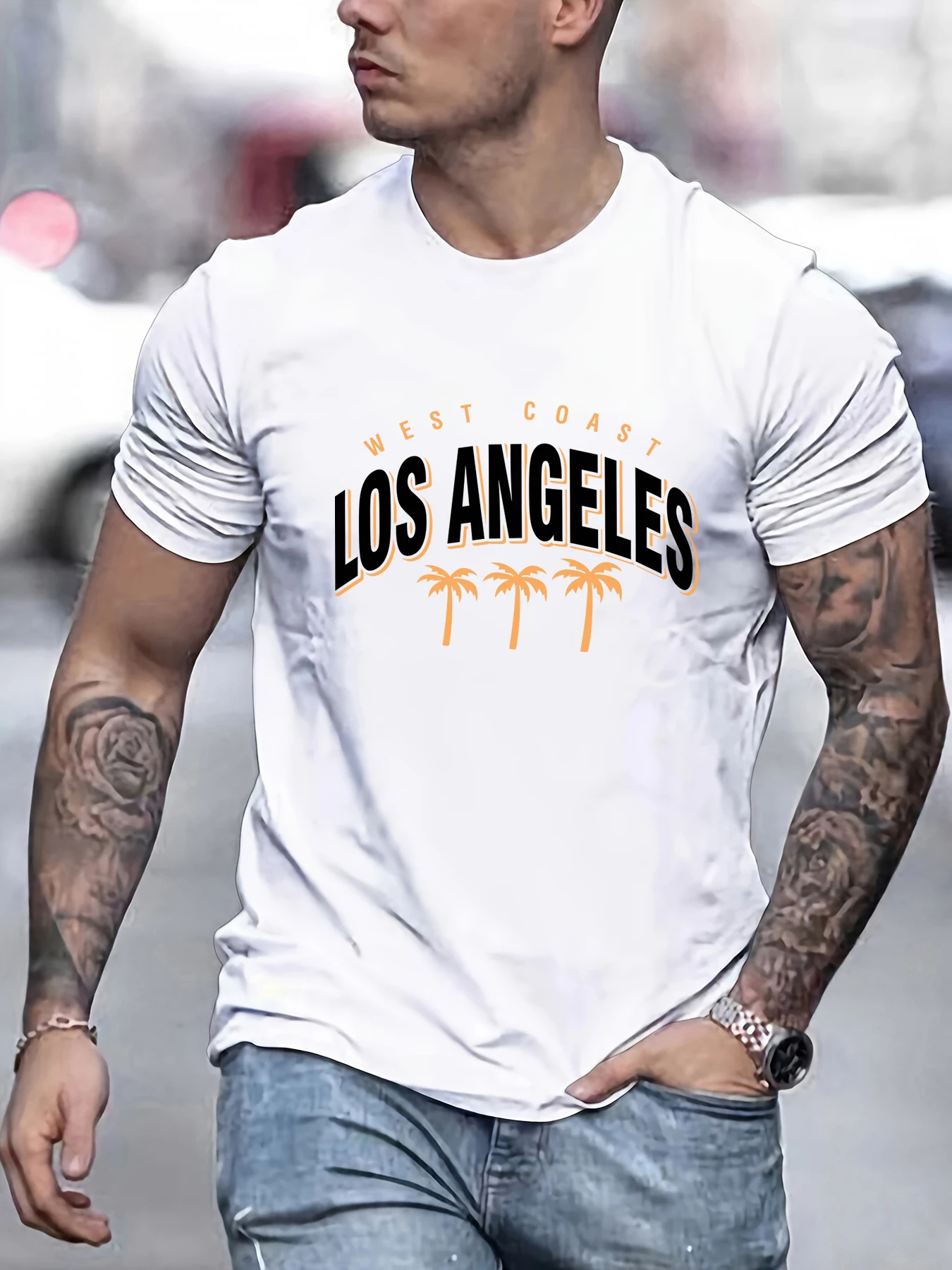 

Los Angeles West Coast Coconut Tree Printed Mens T-Shirts Cotton Short Sleeve Trendy Loose Male Clothes Summer Soft T Shirt