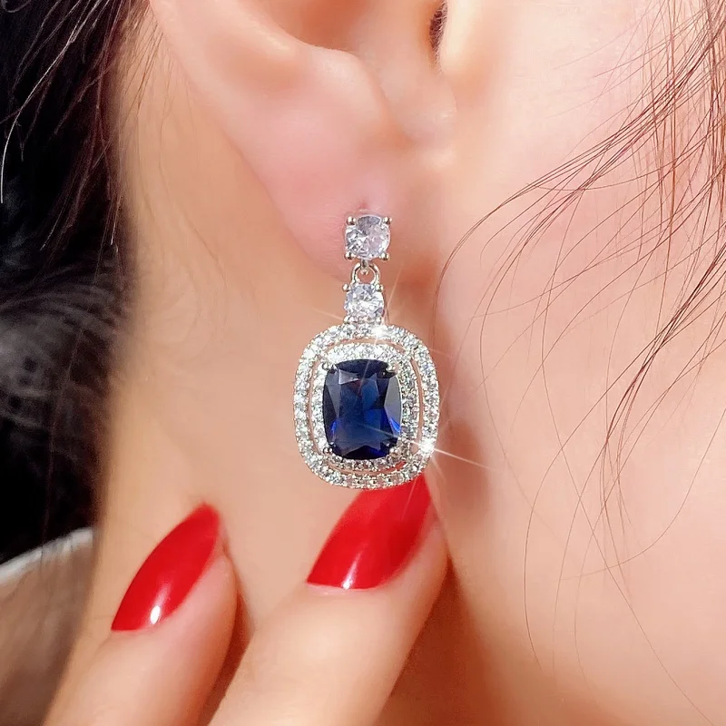 Huitan Noble Blue Cubic Zirconia Wedding Earrings for Women Brilliant CZ Graceful Female Ear Dangle Accessories Fashion Jewelry