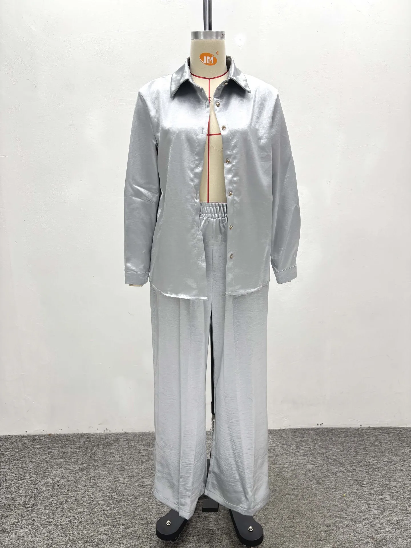 Conjunto informal de dos piezas para mujer, camisa y pantalones con cuello vuelto, manga larga, Color sólido, elegante, verano