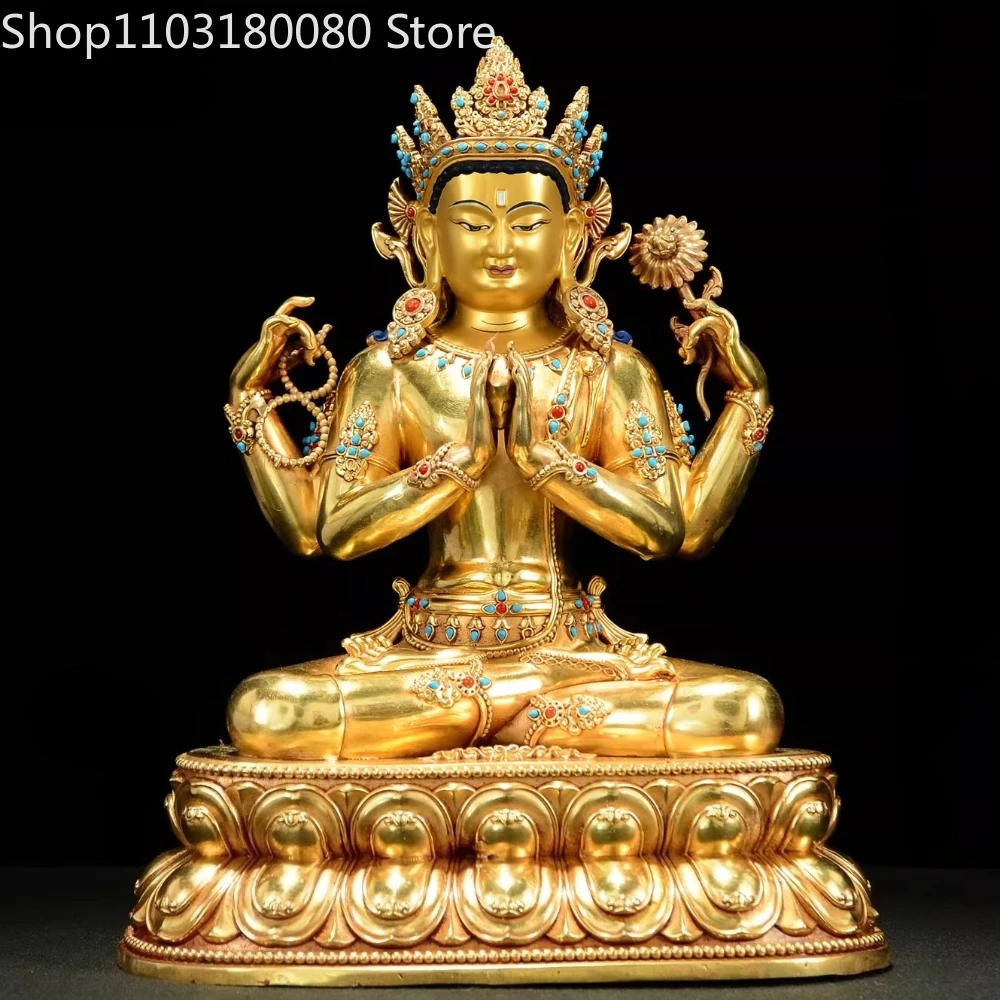 31cm Copper gilding inlay Four-armed Guanyin buddha statue sculpture