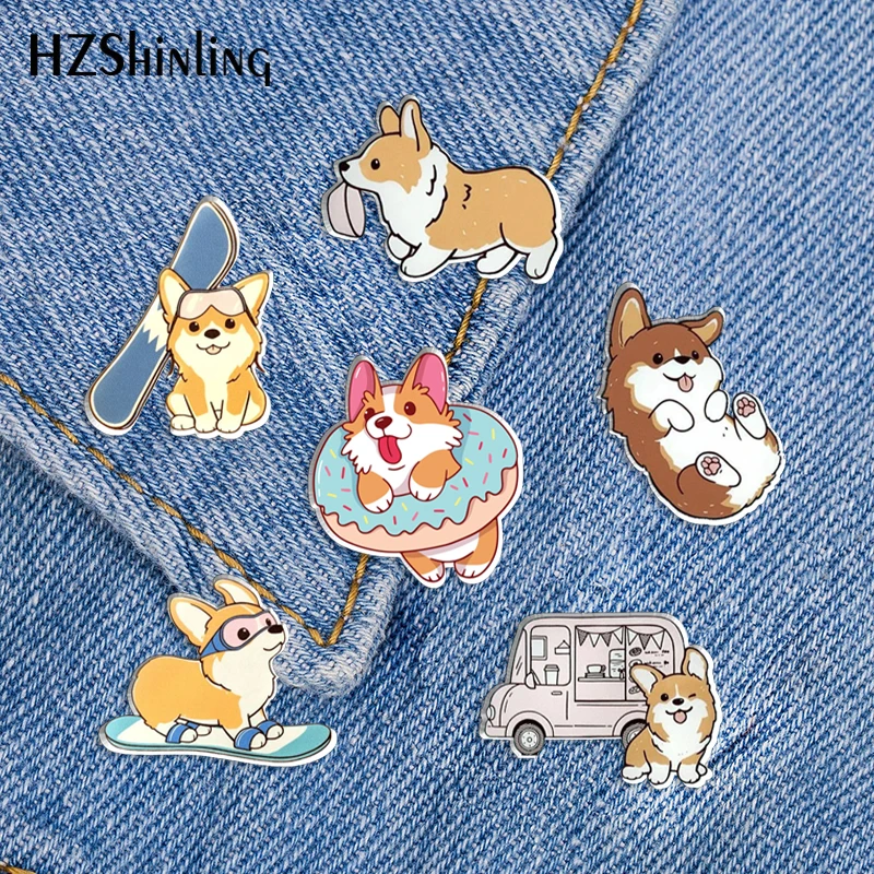 2023 New Yellow Corgi Acrylic Lapel Pin Cute Dog Epoxy Butterfly Clasp Pin Handmade Butterfly Brooch