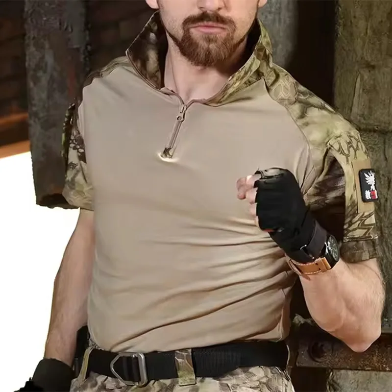 

Mens Camouflage Quick Dry T-shirt G2 Frog Outdoor Tactical Combat Shirt Boxy Fit Man Workout Breathable Stand Collar Zipper Tee