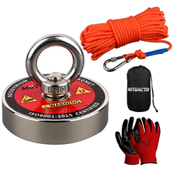 Kit magnete da pesca forte 150KG/220KG/300KG/450KG/500KG Guanti in corda resistenti da 49 piedi Moschettone di bloccaggio, Frenafiletti