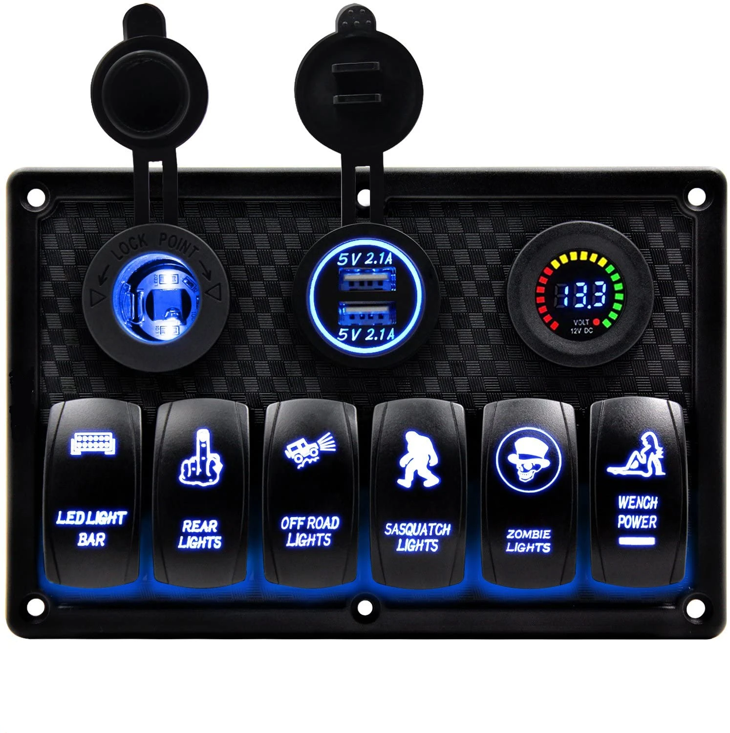 Waterproof Marine Boat 6 Gang Rocker Switch Panel With 4.2A Dual USB Slot Socket Cigarette Lighter For Car Rv Vehicles Truck