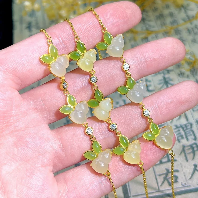 

New Chinese Style Natural Hetian Jade Gourd Pendant Women's Sterling Silver Bracelet
