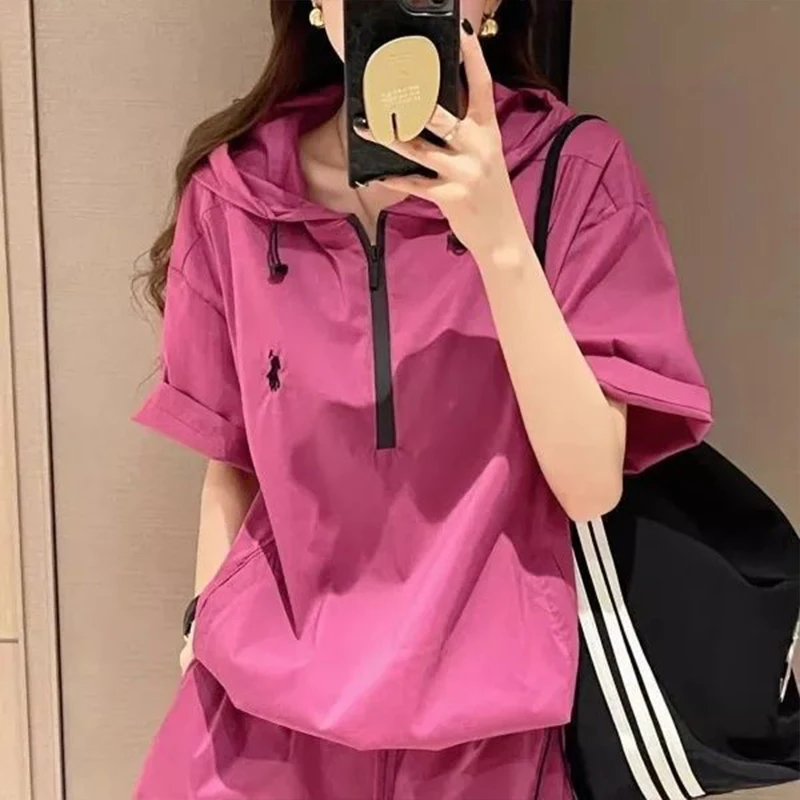 Casual Commuting Women's Set Summer New Age Reducing Slimming Hooded T-shirt+wide Leg Shorts Sports Two-piece Set for Women