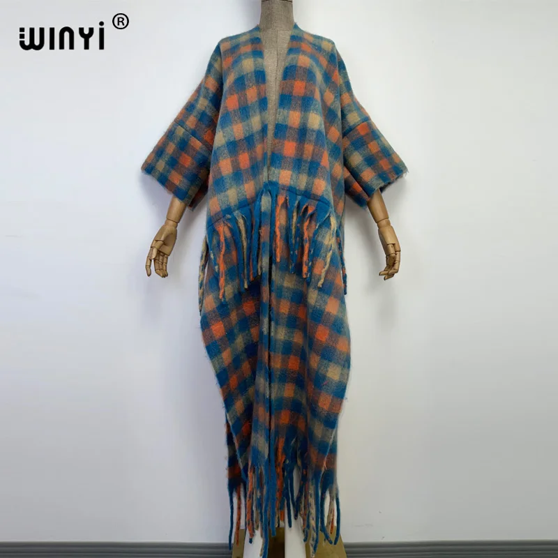 WINYI Winter Women tassel long Cardigan Loose Christmas dress robe longue Thick Warm Women Plaid printing Streetwear overcoat