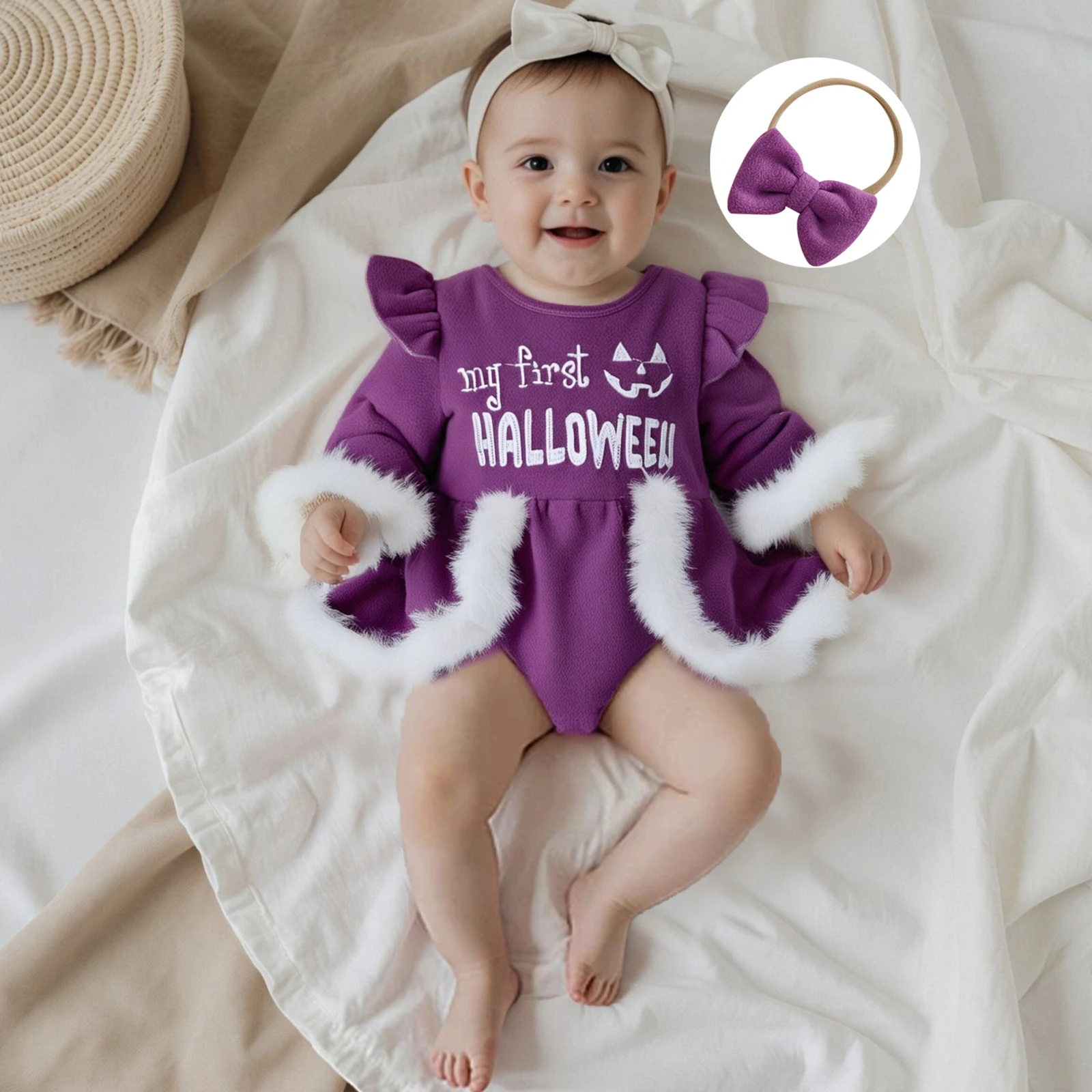 

Baby Girl Halloween Clothes Letter Embroidery Long Sleeve Round Neck Plush Romper Dress with Bow Headband