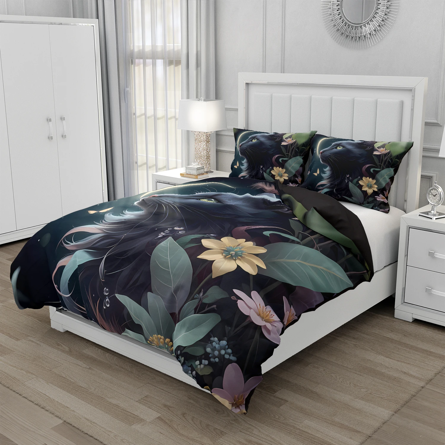 Black cat Lovers Bedding Set | 3D Printed Duvet Cover Set + Bed Linen Collection – 140x200/220x240/Queen/King Sizes Flowers Moon