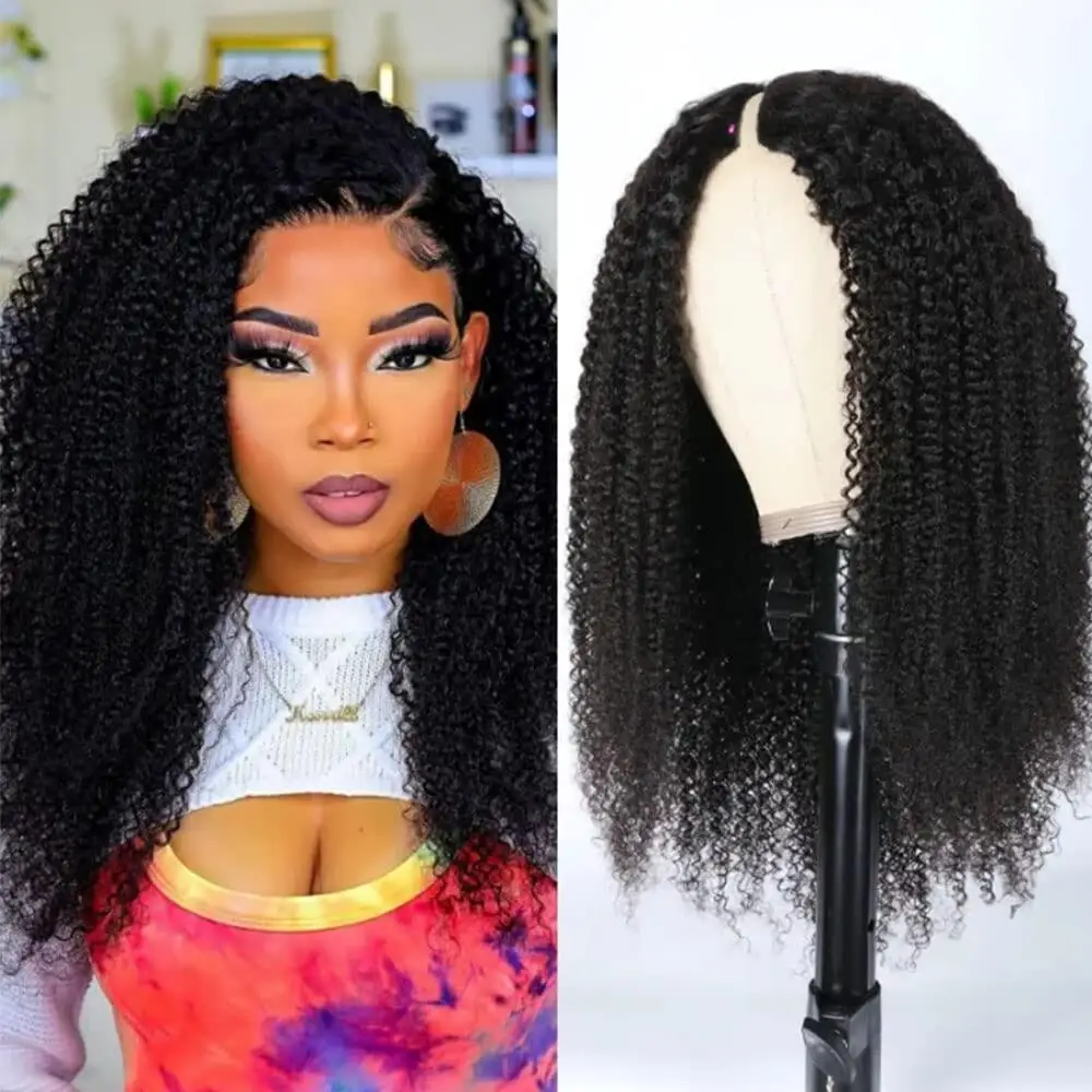 Afro Kinky Curly V Part Human Hair Wigs for Women 180 Density Machine Made Upgrade U Part Wig Curly Peruvian Hair Natural Color