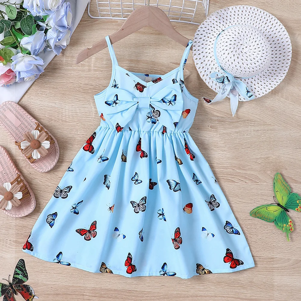 

2024 Summer New Arrival Girls Sleeveless Bow Print Butterfly Blue Designer Cute Party Princess Dress Custume 18M-7T