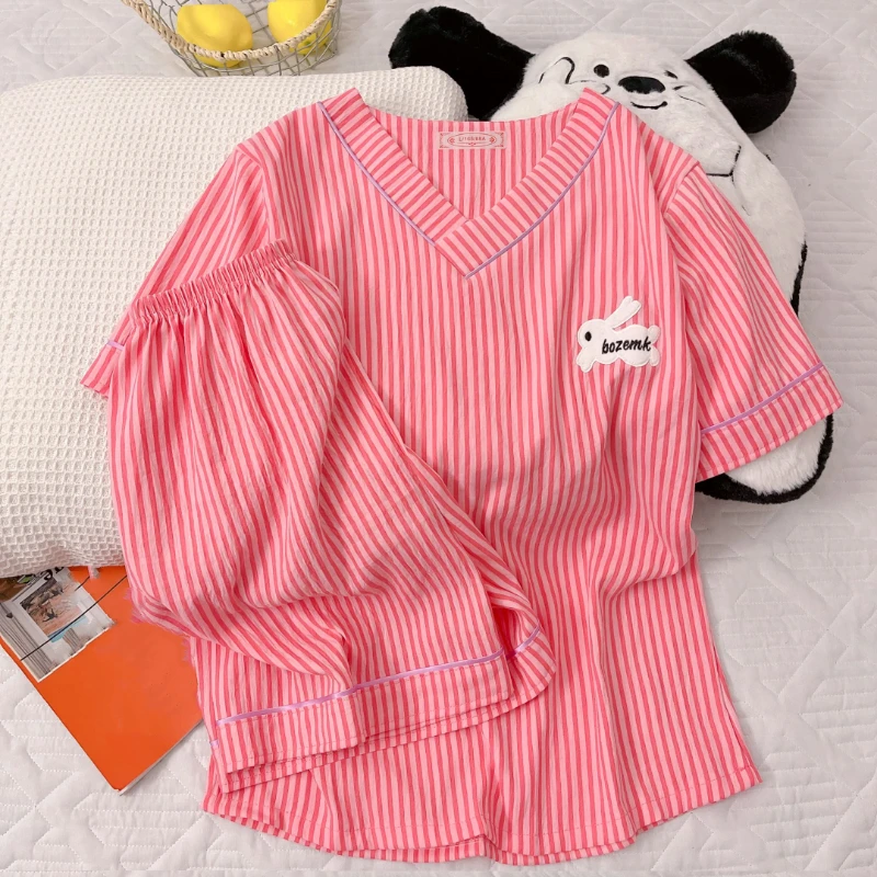 

Striped Embroidery Letter Rabbit Design Women's Pajamas Set Y2K Outside Fashion Sweet Cute Pajamas for Women Summer New Homewear