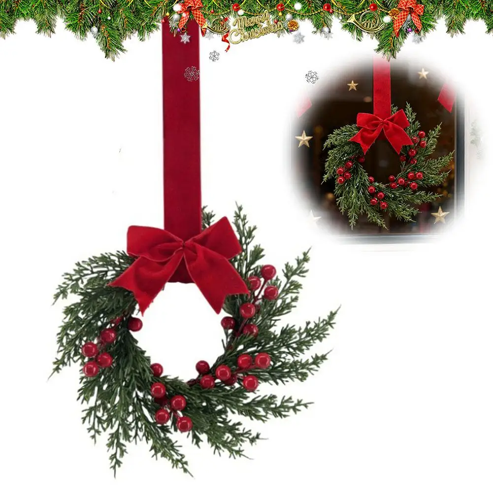 Künstlicher Weihnachtskranz, 25,4 cm, Wintergrüner Kranz, Haustür, Urlaub, Veranda, Wanddekoration mit roten Beeren und Samtschleife – Detail 3