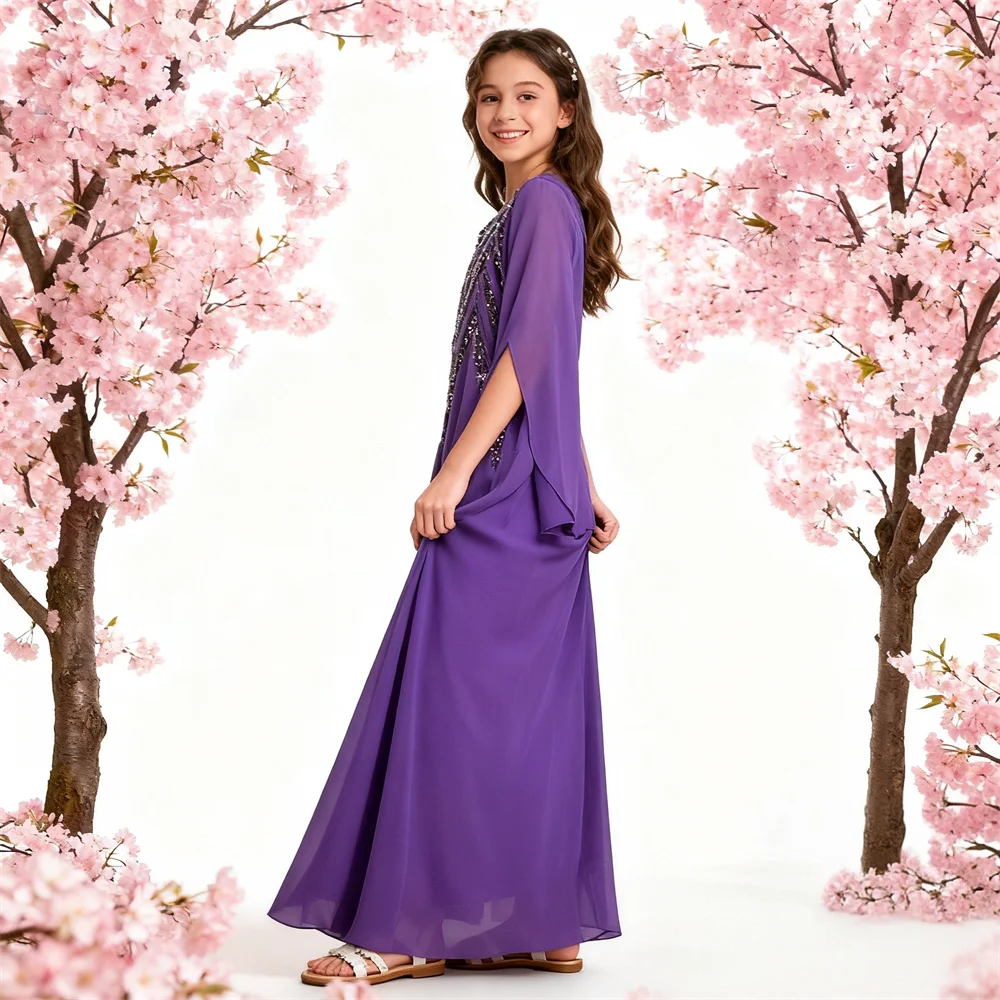 

Eid Girls Chiffon Long Dress Sequins Abaya Dubai Kaftan Flared Sleeve Robe Arabic Morocco Caftan Vestidos Gown Jalabiya Caftan