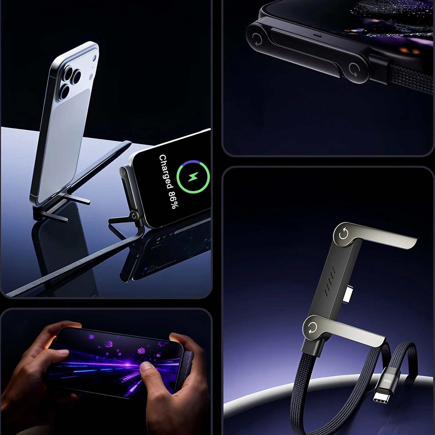 

Многофункциональный кабель 2-в-1 Type-C, складная подставка для телефона, двойная быстрая зарядка PD 240 Вт, кабель для передачи данных для смартфонов, ноутбуков, для путешествий