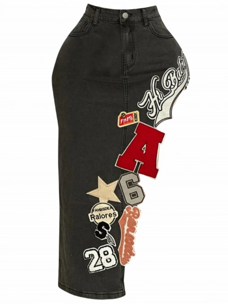 

Осенняя новая джинсовая юбка с разрезом и высокой талией для женщин, стираная ретро-юбка трапециевидной формы в американском стиле, прямая юбка-миди, закрывающая бедра