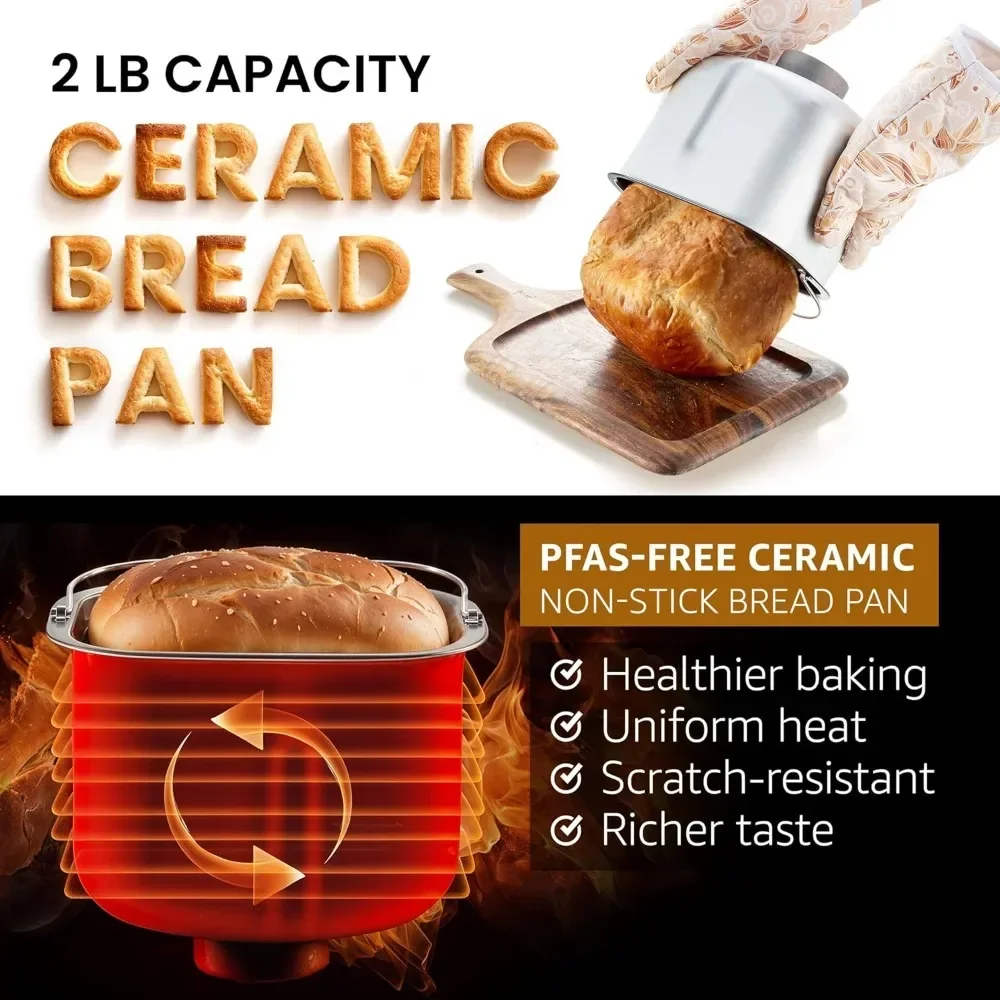 Elite Gourmet Programmable 2-Lb Bread Maker, PFAS Free Ceramic Ceralast™ Pan, Touch Screen Control Panel, 19 Functions, Gluten F