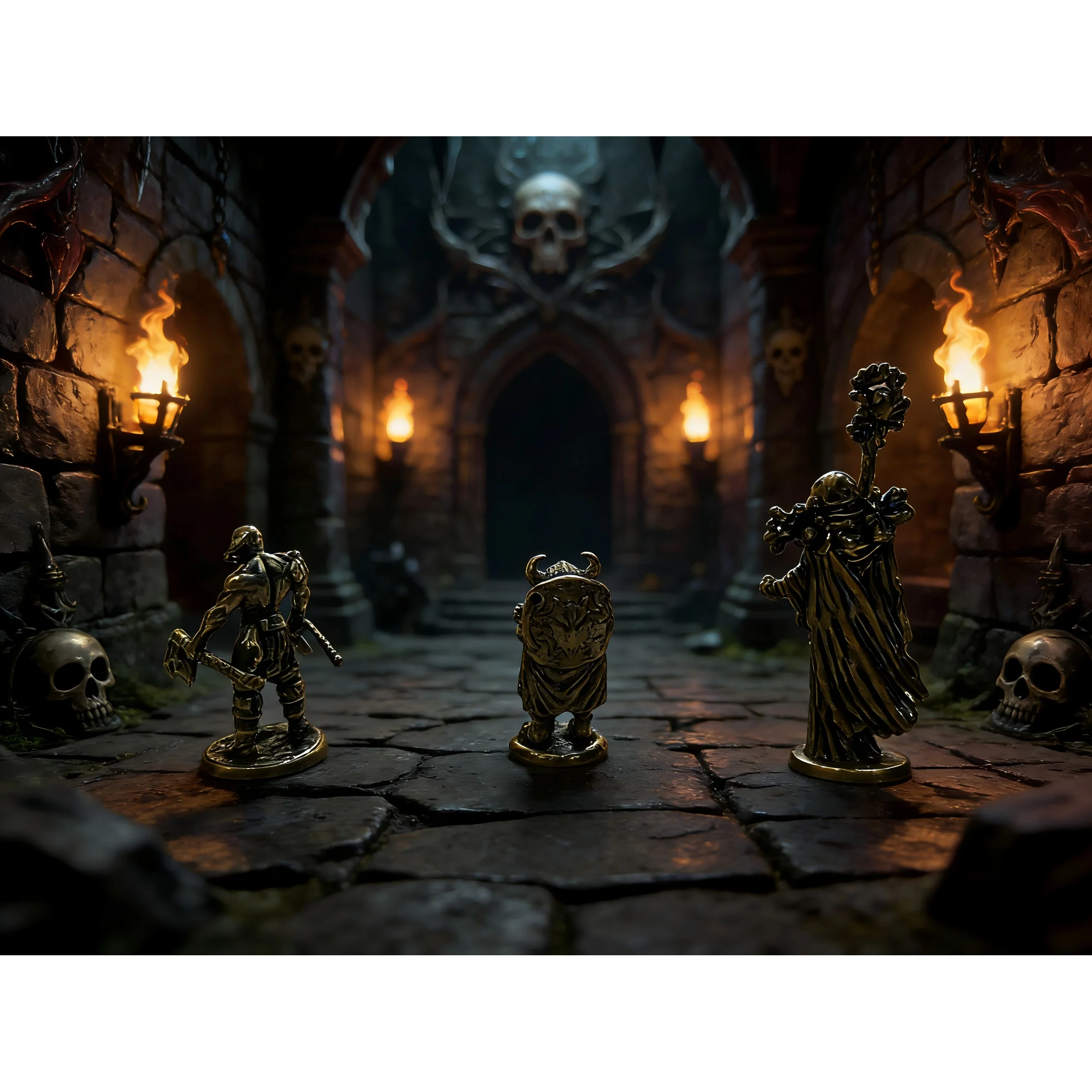 3pcs set of vintage brass fighter, wizard, warrior character figurines with dynamic battle shapes and outstanding metal texture