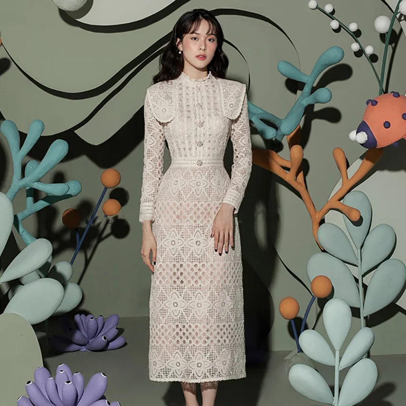 Fashion Dress for Women 2022 Spring Clothes New High Waist Slimming Temperament Long Sleeve Hollow Design Lace Long Dress