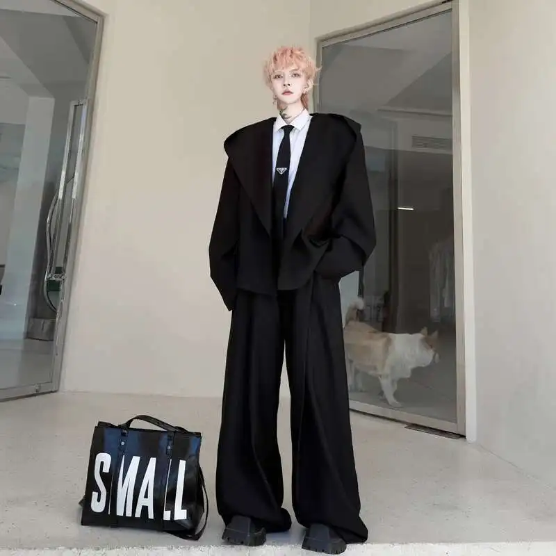 WTHT อินเทรนด์ผู้ชายชุดสีทึบ Hooded Double-breasted หลวม Blazer เสื้อลําลองเอวสูงกางเกงขากว้างชุดชาย 2A0236