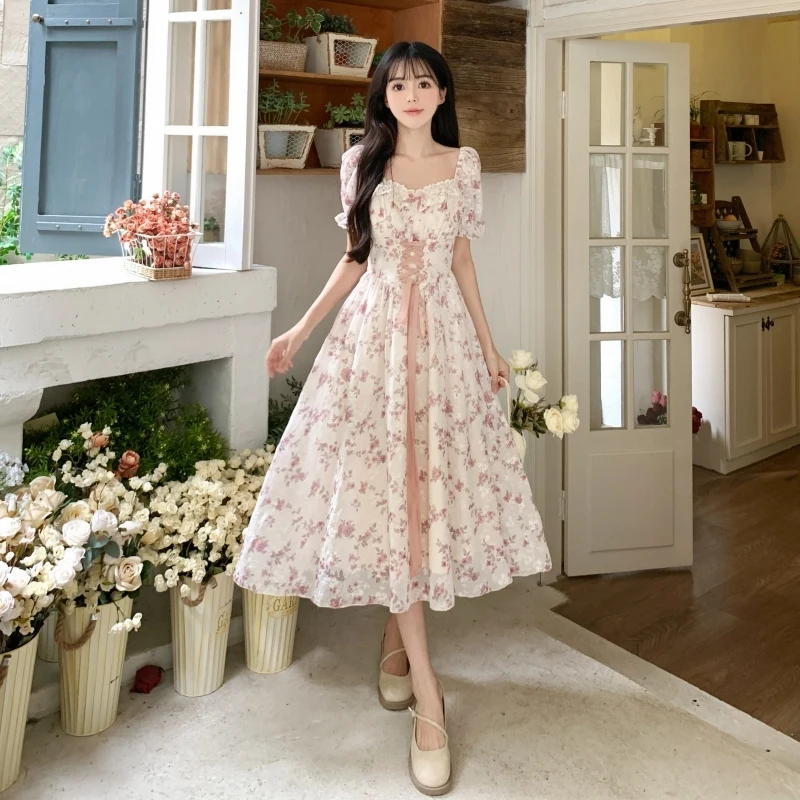 Korean Fashion Summer 2023 Chiffon Lace Fairy Dress Retro Square Neck Crushed Flowers Princess Sleeve High Waist Sweet Dress