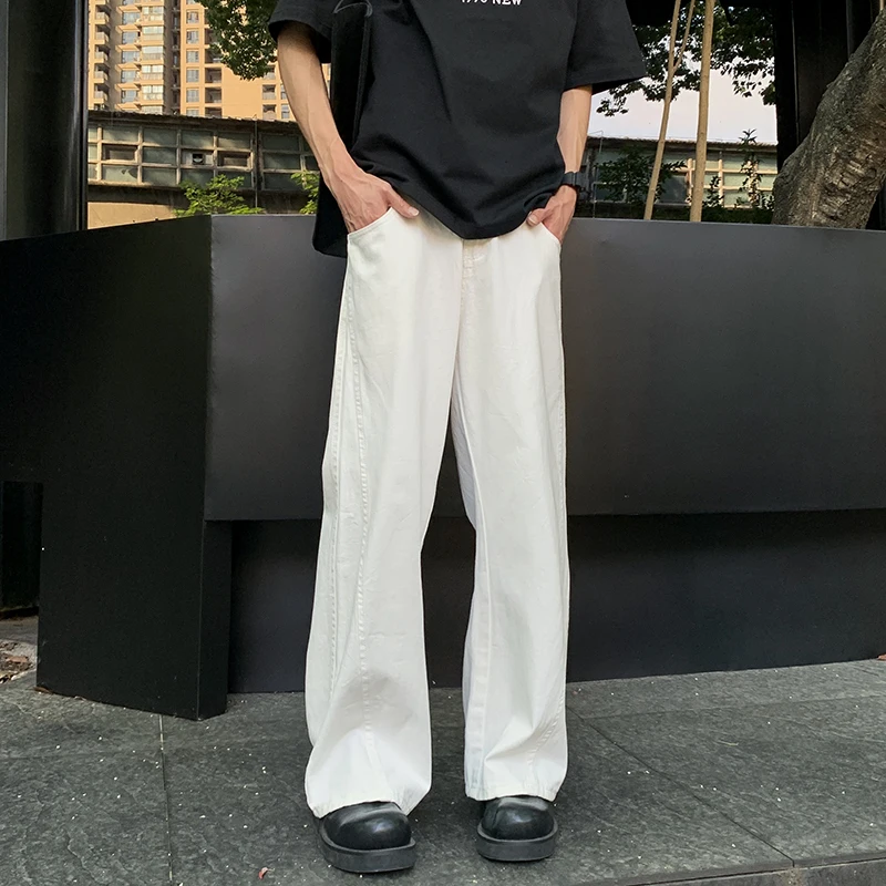 

Белые широкие брюки, хлопковые свободные прямые повседневные джинсовые брюки для мужчин