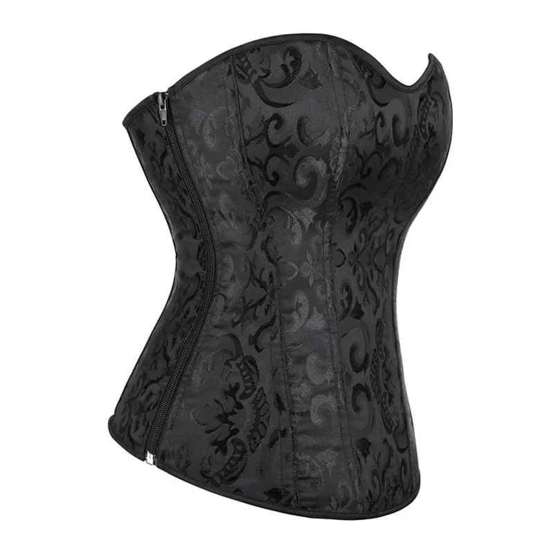 Black Jacquard Overbust Corset Top Flower Lace-Up Boned Side Zipper Bustier Women Gothic Corselet Body Shaper Korset