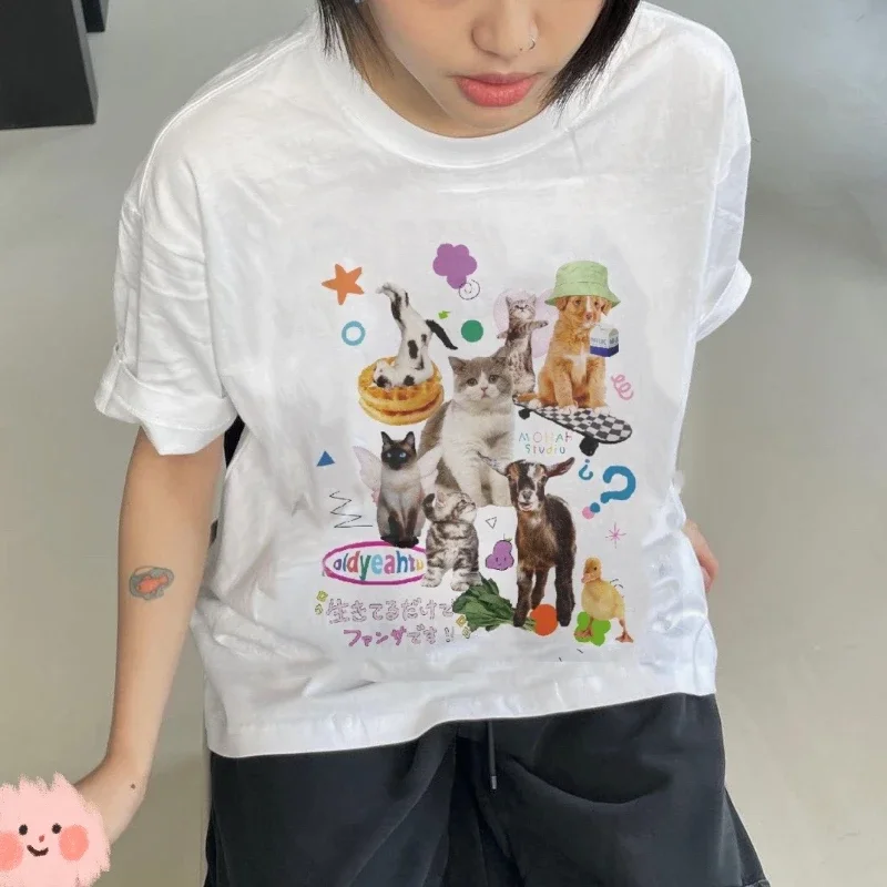 1103 mleczna graficzne koszulki zwierząt Kawaii kot z nadrukiem z psem koszula za duży Harajuku moda Streetwear Tee estetyczna bluzki damskie Y2k