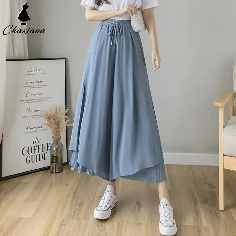 Ankle-length Pants Capris For Women Elastic Wide Leg Irregular Hem Double Layers Trousers Summer Casual Loose Pleated Pants