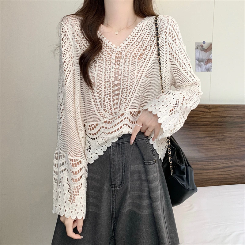 

Прозрачный вязаный крючком топ с v-образным вырезом и длинными рукавами, открытая вязаная блузка с вышивкой, женская летняя пляжная накидка в стиле бохо для отдыха