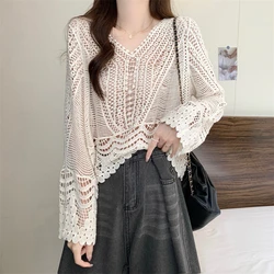Sheer Crochet Top V-Neck Long Sleeve Open-knit Embroidery Blouse Women Summer Boho Vacation Beach Cover Up Outfit