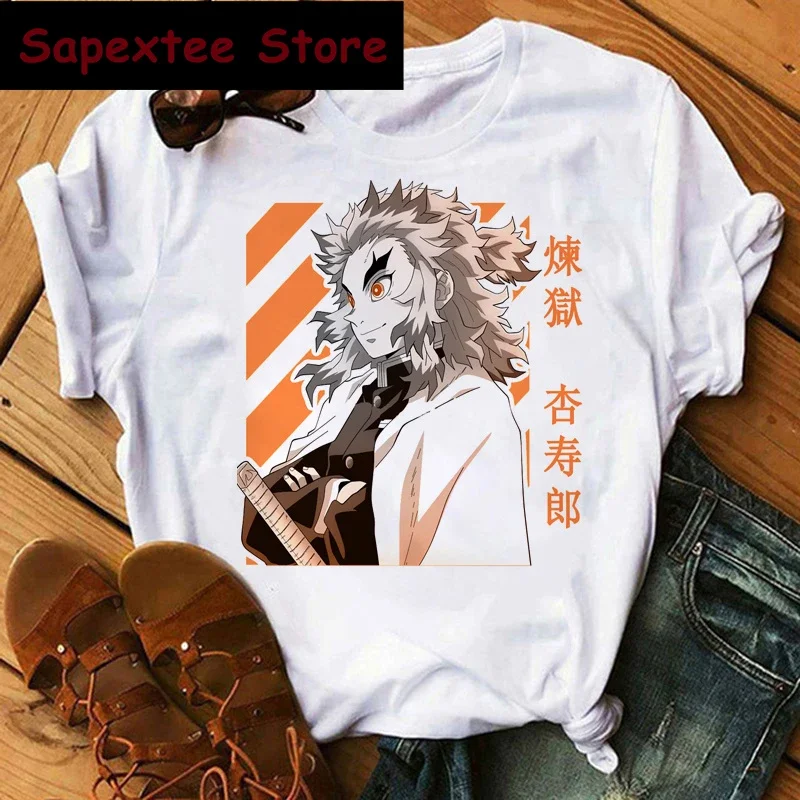 Camiseta de Anime japonés Demon Slayer para mujer, Camiseta con estampado de Kimetsu No Yaiba, Kawaii, película de dibujos animados, Rengoku, Tanjirou Kamado