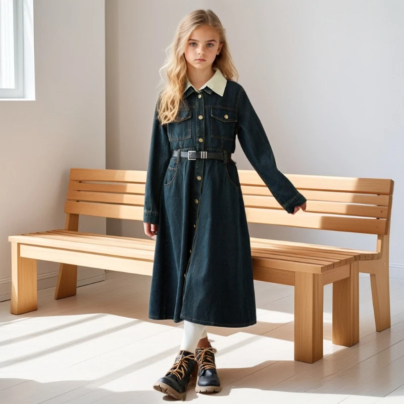 

Teen Girls Denim Dress 2025 Spring New French Retro Literary Princess Dresses for Kids Slim School Children Clothing 12 13 Years