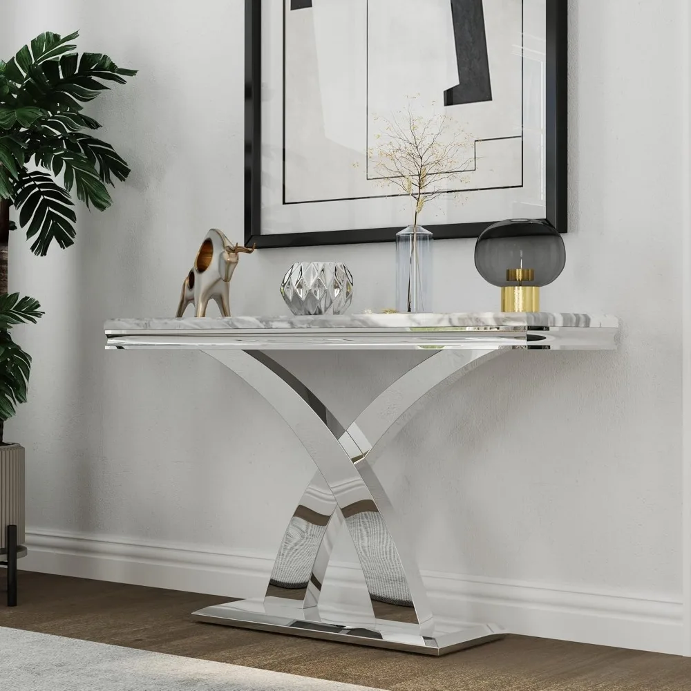 طاولة كونسول مستطيلة مقاس 50 بوصة مخططة باللون الرمادي مع قاعدة X مرآة لمدخل غرفة المعيشة