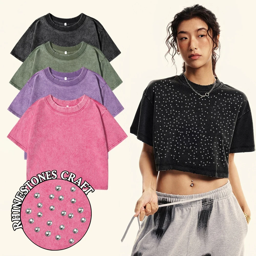 Schmales Retro-T-Shirt in Uni-Farbe für Damen, mit Strass-Verzierung, aus Baumwolle, lässig, sportlich, kurzärmelig, cool, gewaschen, Streetwear für Frauen