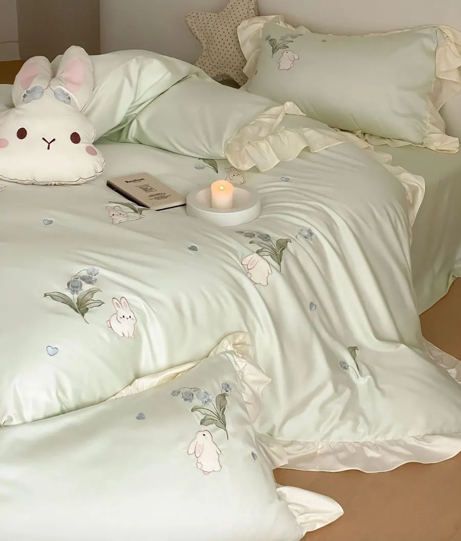 Cute rabbit flower keiskei bedding set girl,full queen king fresh green cotton home textile flat sheet pillow case quilt cover