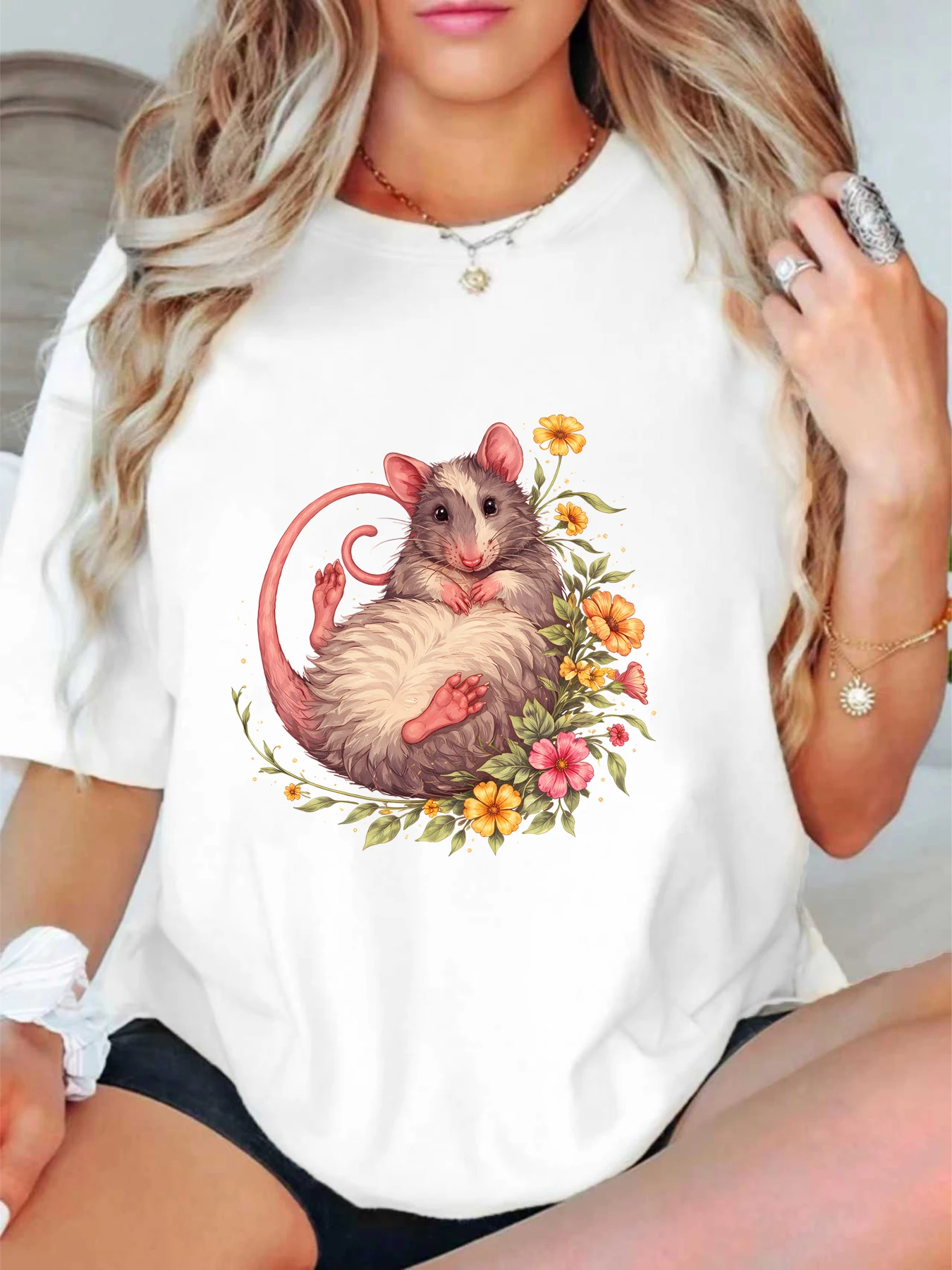 

【ZXH11423】Flower Mouse Printed Large Women's Round Neck Summer Casual Short Sleeve Street Fashion Versatile T-shirt