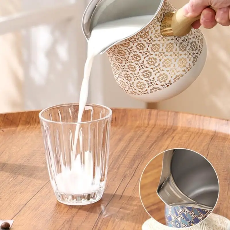 إبريق قهوة تركي فولاذي بمقبض خشبي مقاوم للحرارة لتخمير القهوة وتسخين شوربة زبدة الشوكولاتة والحليب Y5GB